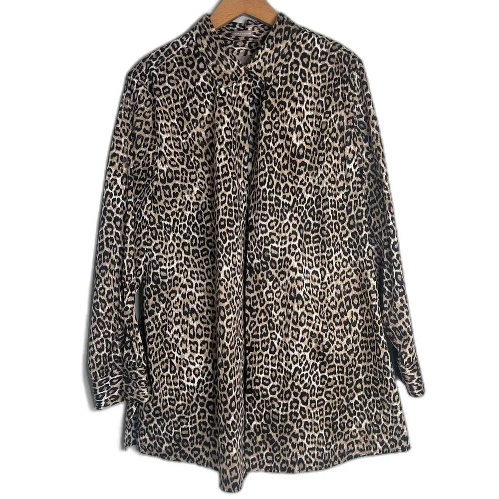 Chico's Wrinkle Resistant Cotton Cheetah Animal Print Button Front Top Sz 16-18